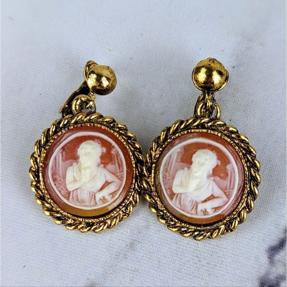 Vintage Cameo Earrings Clip On Resin Pink Gold Victorian Revival